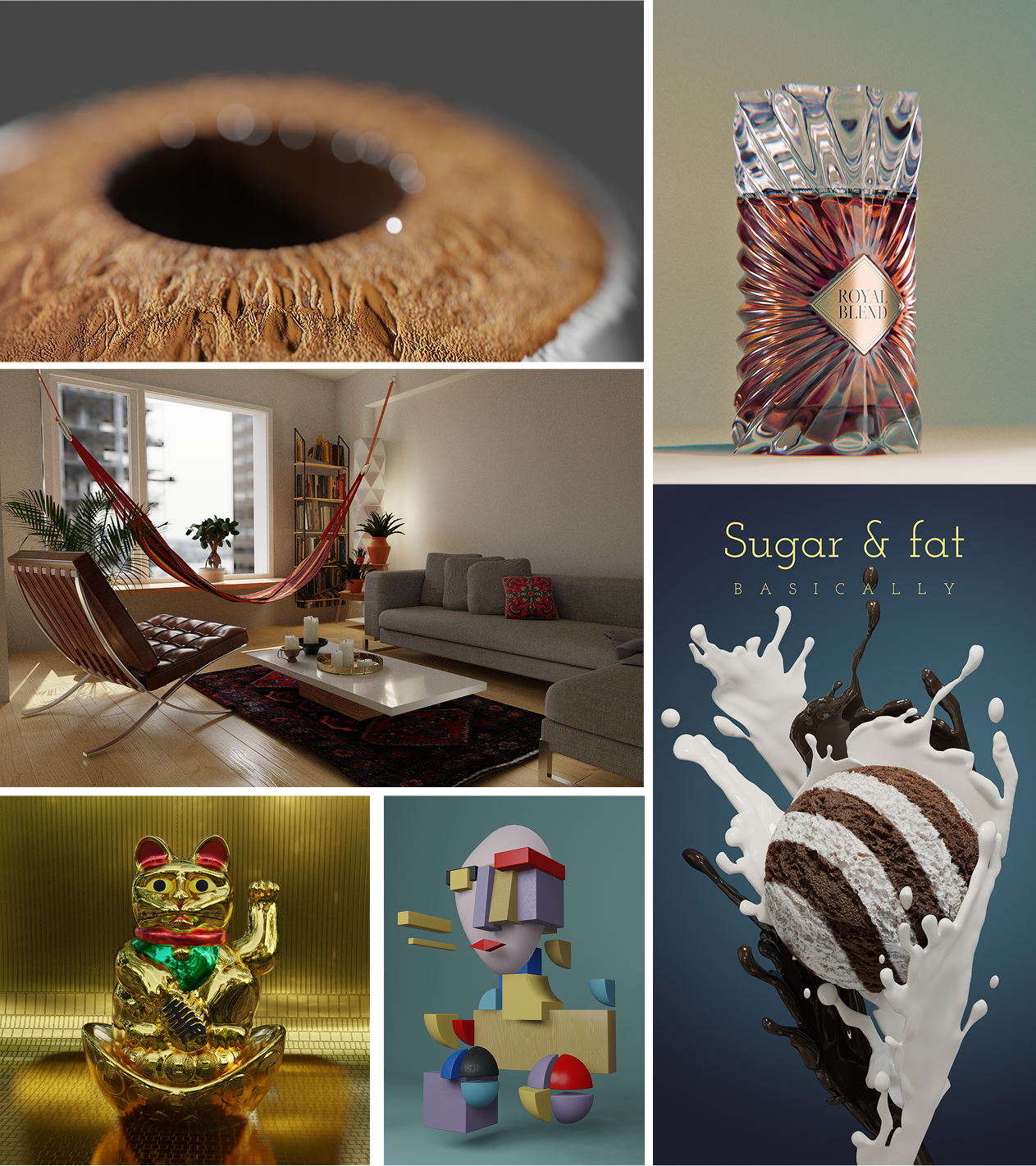 3D portfolio: eye, Royal Blend bottle, interior, Sugar & fat illustration, Maneki-neko, abstract geometric art