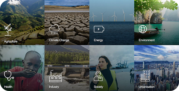 Key thematic areas represented as modular tiles