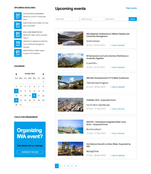 Upcoming events interface with filters, calendar, and event list