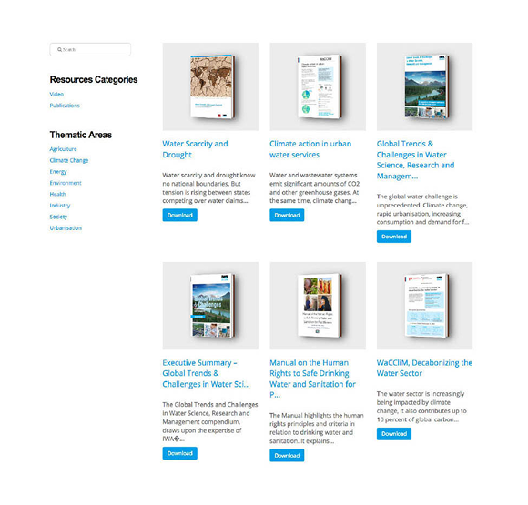 Resources library layout with filters for topics and content types